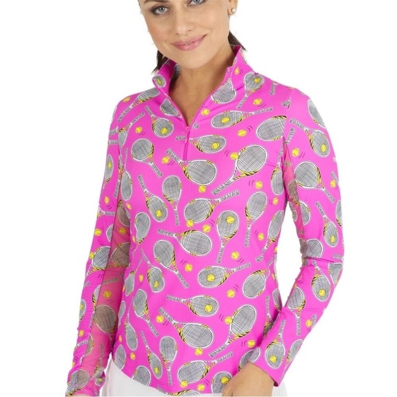 Ibkul Long Sleeve Zip Mock Neck Venus Hot Pink Tennis Racket Print - Picture 2 of 5